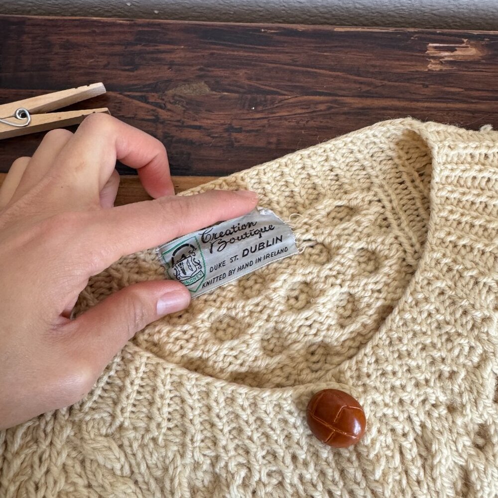 Vintage Cream Made in Ireland Irish Fisherman Knit Cardigan Sweater (XS-M) - Picture 4 of 5